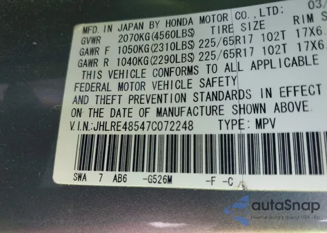 2007 Honda Cr-V Ex from USA, damaged, VIN JHLRE48547C072248
